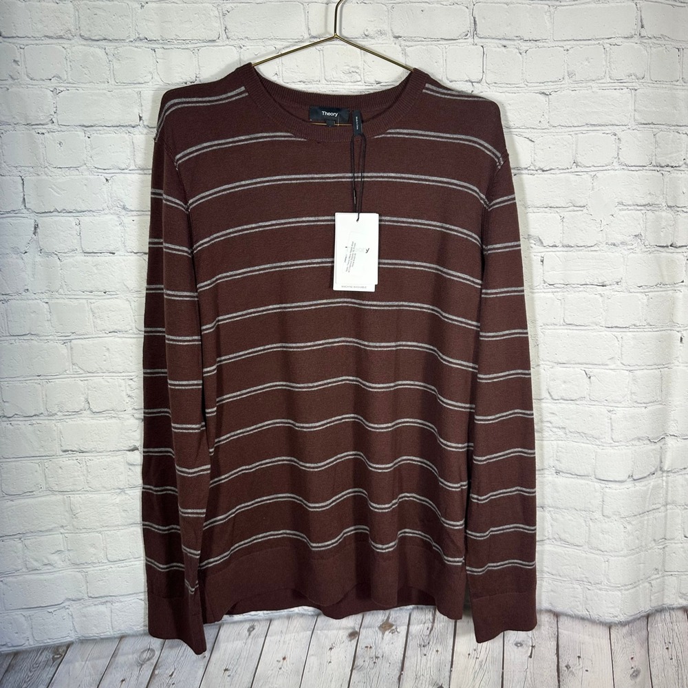 NEW Theory Mens Riland PS‎ Harman Merino Wool Striped Sweater Chianti Grey XL